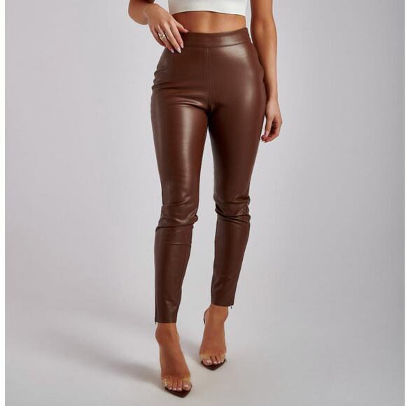 Meshki Pants - MESHKI Shayla Skinny Faux Leather Split Pant Chocolate Brown {3R1}